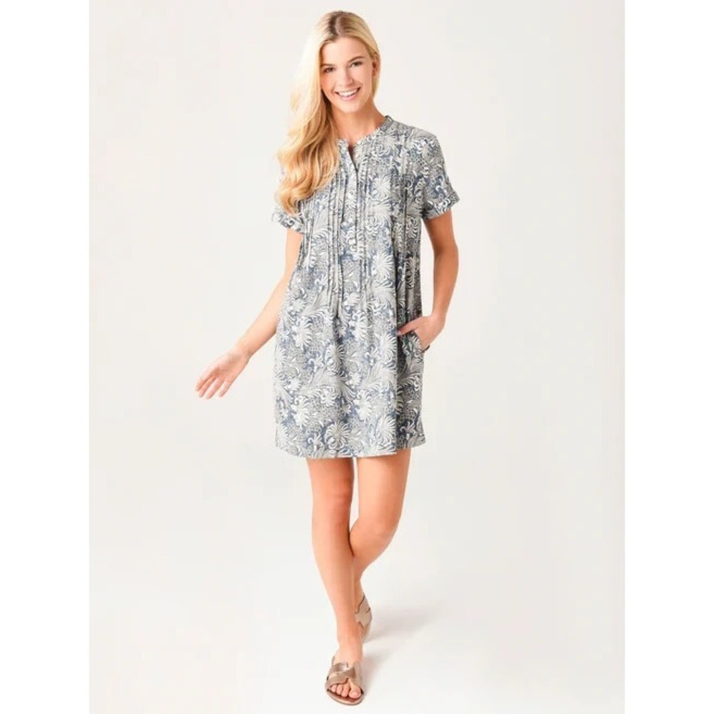 Faherty Gemina Linen Pleated Tunic Popover Mini  Dress In Blue Size‎ S